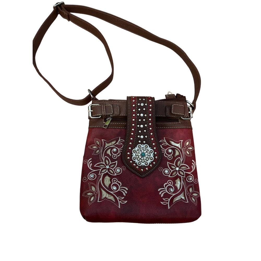 BHW Res Rhinestone Floral Crossbody Purse Red Brown Jeweled
